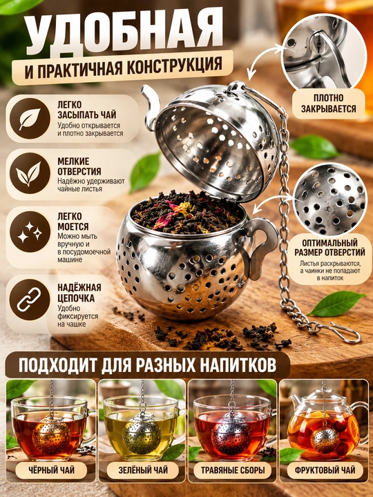 Ситечко для заваривания чая из нержавеющей стали с цепочкой, фильтр для листового чая
