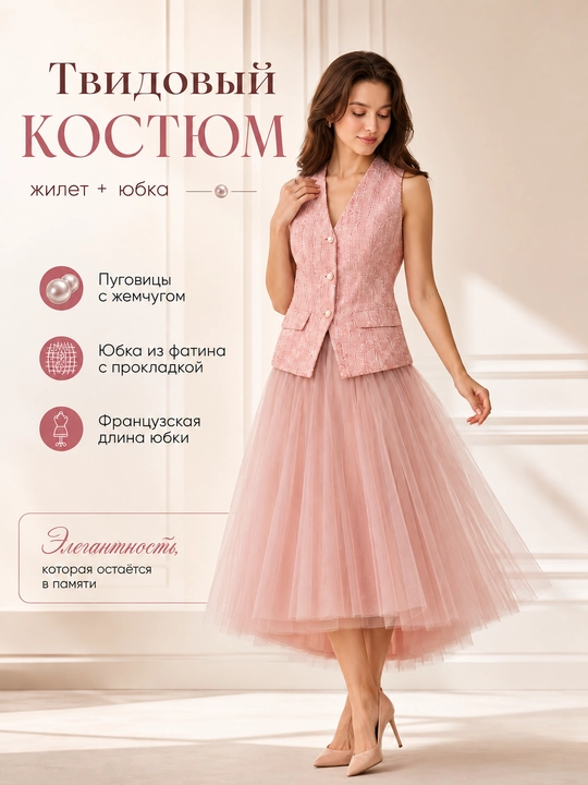 Женский осенний костюм двойка, женская двойка - твидовый жакет с юбкой, размер 36-38 - 