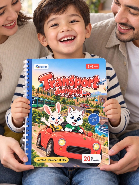 Раскраска с наклейками AQEEL «Мир транспорта», 3–6 лет, 20 видов транспорта, на 3 языках