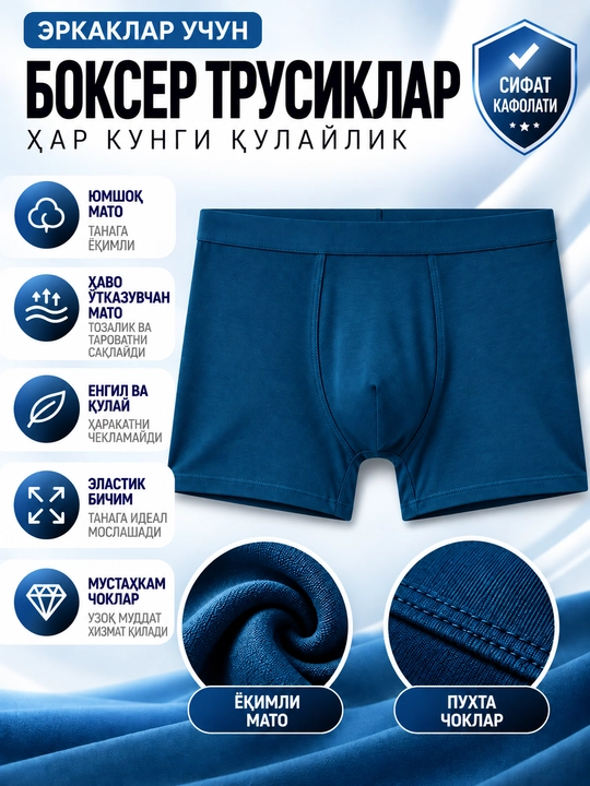 Erkaklarga havo o'tkazuvchan ichki qoplamali bokser trusiklar, qulay shortiklar, XL–7XL
