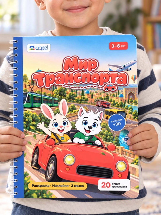 Раскраска с наклейками AQEEL «Мир транспорта», 3–6 лет, 20 видов транспорта, 3 языка - 