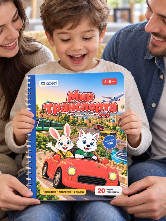 Stikerli bo‘yash kitobi AQEEL «Transport dunyosi», 3–6 yosh, 20 transport turi, 3 tilda