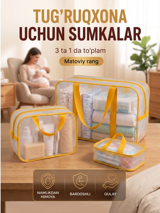 Homiladorlar uchun xira shaffof, suv o‘tkazmaydigan 3 talik tug‘ruqxona sumkalar to'plam - 