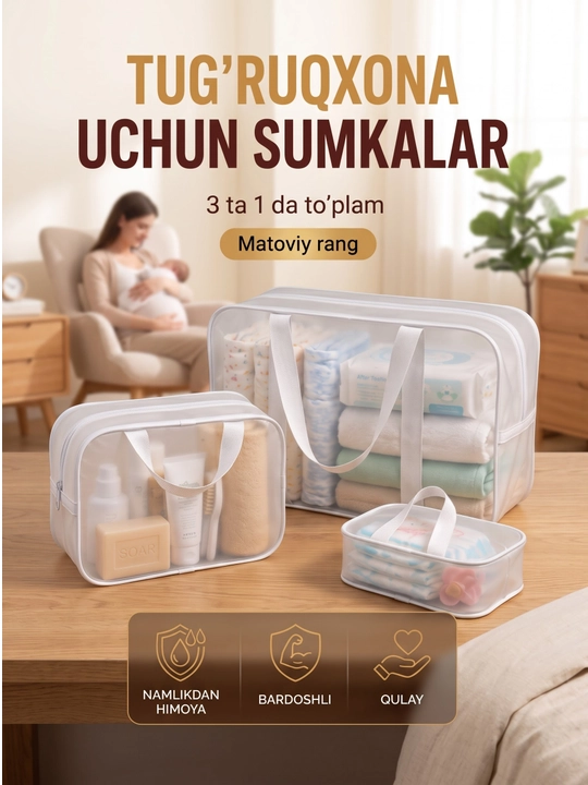 Homiladorlar uchun xira shaffof, suv o‘tkazmaydigan 3 talik tug‘ruqxona sumkalar to'plam - 