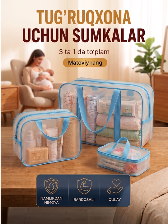 Homiladorlar uchun xira shaffof, suv o‘tkazmaydigan 3 talik tug‘ruqxona sumkalar to'plam - 