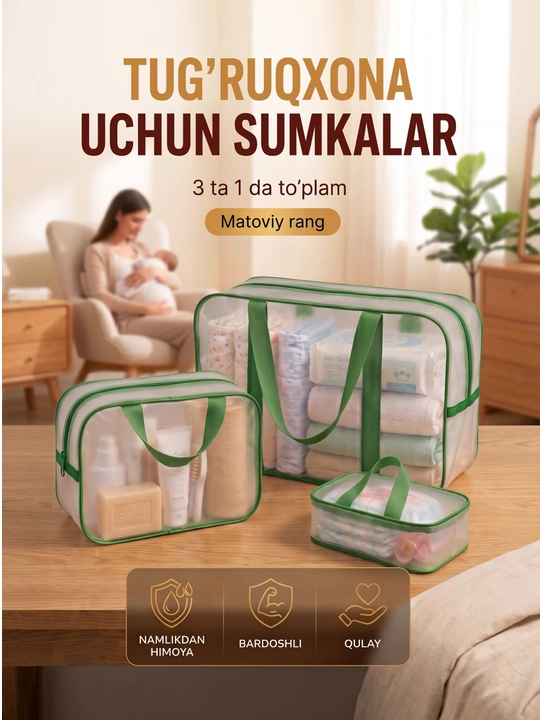 Homiladorlar uchun xira shaffof, suv o‘tkazmaydigan 3 talik tug‘ruqxona sumkalar to'plam - 