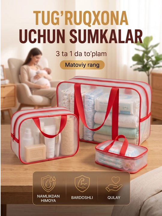 Homiladorlar uchun xira shaffof, suv o‘tkazmaydigan 3 talik tug‘ruqxona sumkalar to'plam - 