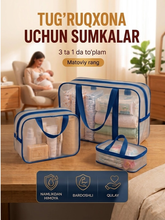 Homiladorlar uchun xira shaffof, suv o‘tkazmaydigan 3 talik tug‘ruqxona sumkalar to'plam - 