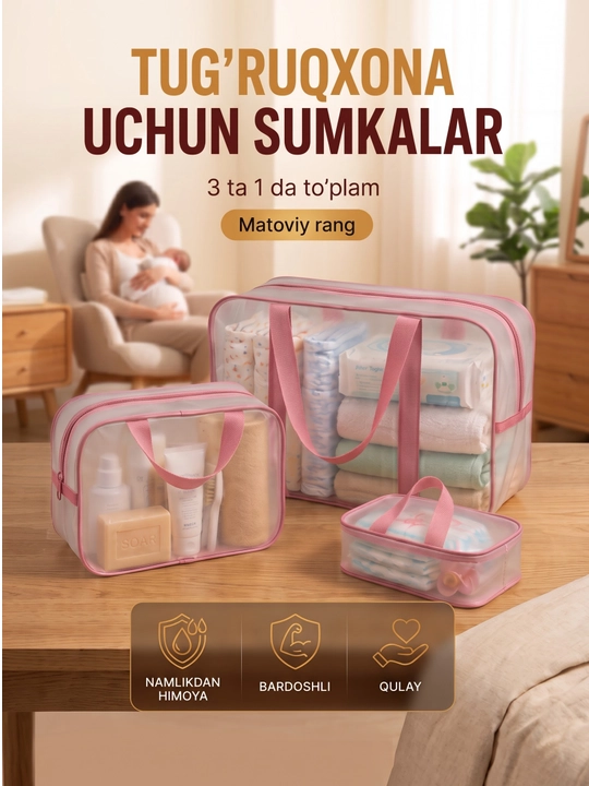 Homiladorlar uchun xira shaffof, suv o‘tkazmaydigan 3 talik tug‘ruqxona sumkalar to'plam - 