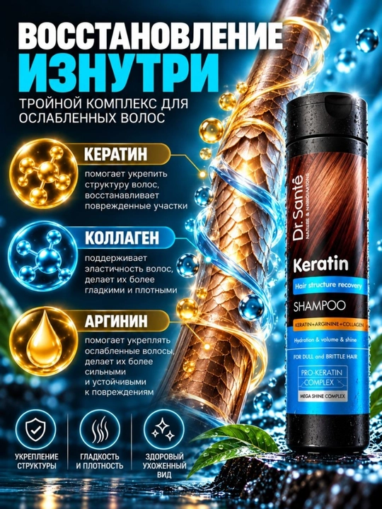 Шампунь Dr.Sante Keratin для тусклых и ломких волос, кератин + коллаген + арганин, 250 мл