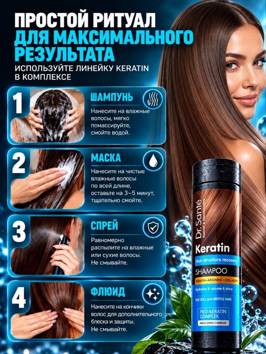 Шампунь Dr.Sante Keratin для тусклых и ломких волос, кератин + коллаген + арганин, 250 мл