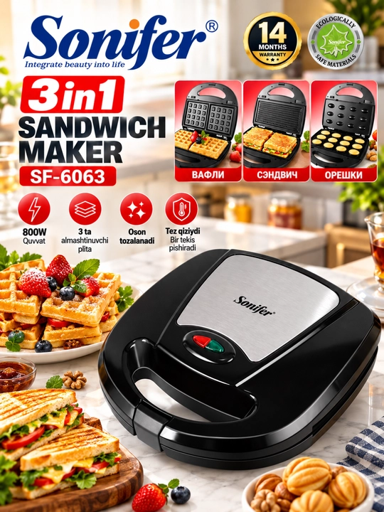 Sonifer SF-6063 3 tasi 1 da elektr sendvich tayyorlagich, vafli va oreshki pishirgich - 