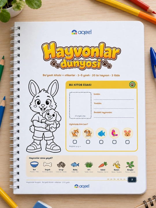Stikerli bo‘yash kitobi AQEEL «Hayvonlar dunyosi», 2–5 yosh, 20 ta hayvon, 3 tilda