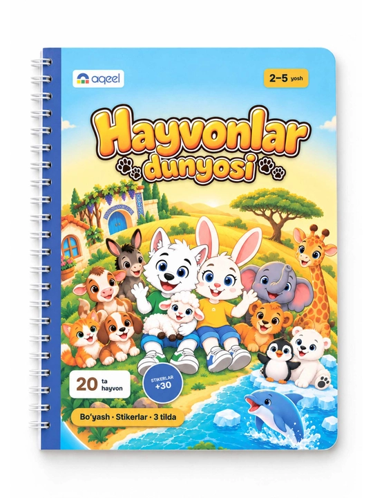 Stikerli bo‘yash kitobi AQEEL «Hayvonlar dunyosi», 2–5 yosh, 20 ta hayvon, 3 tilda