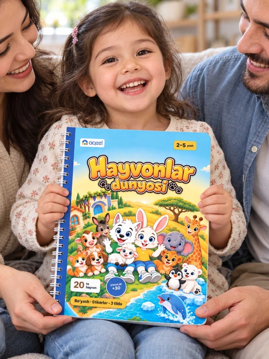 Stikerli bo‘yash kitobi AQEEL «Hayvonlar dunyosi», 2–5 yosh, 20 ta hayvon, 3 tilda