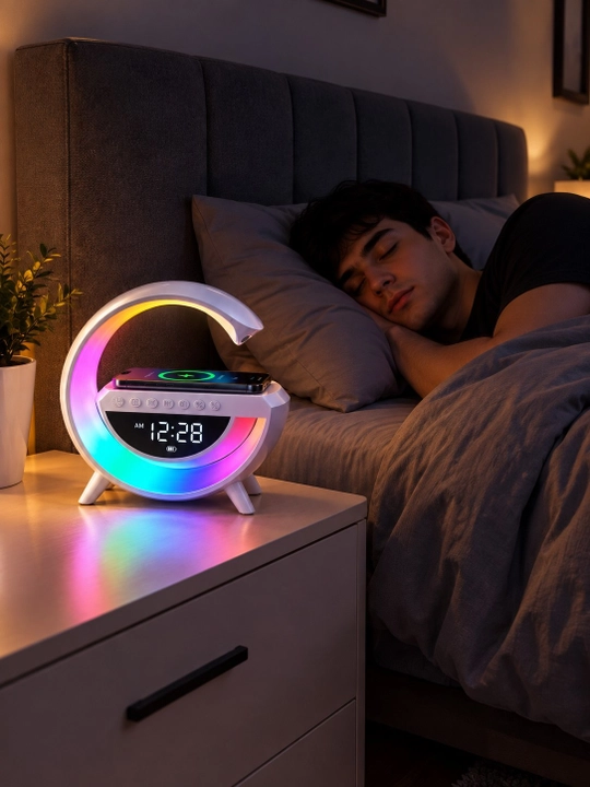 LED часы с Bluetooth колонкой, беспроводной зарядкой, RGB подсветкой и FM радио