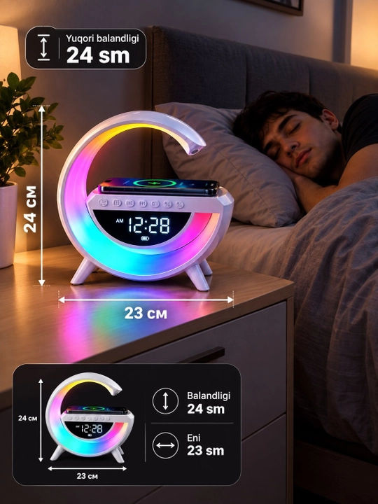 LED часы с Bluetooth колонкой, беспроводной зарядкой, RGB подсветкой и FM радио