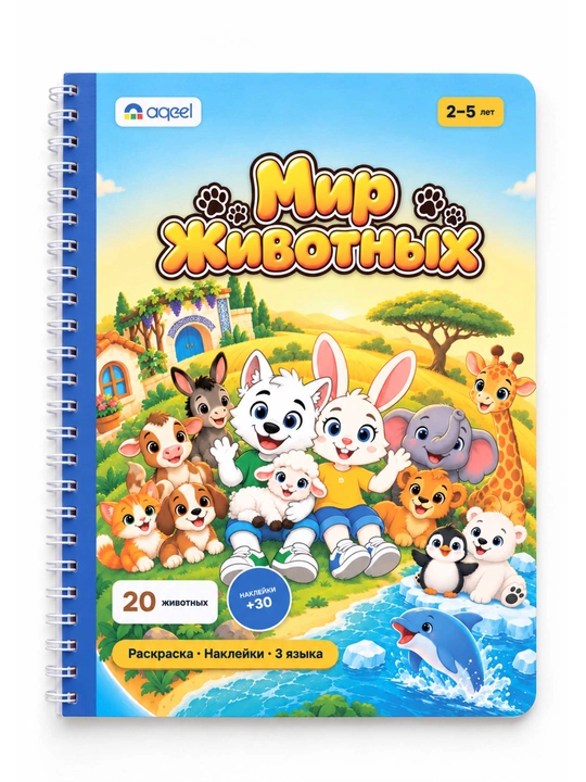 Раскраска с наклейками AQEEL «Мир животных», 2–5 лет, 20 животных, 3 языка