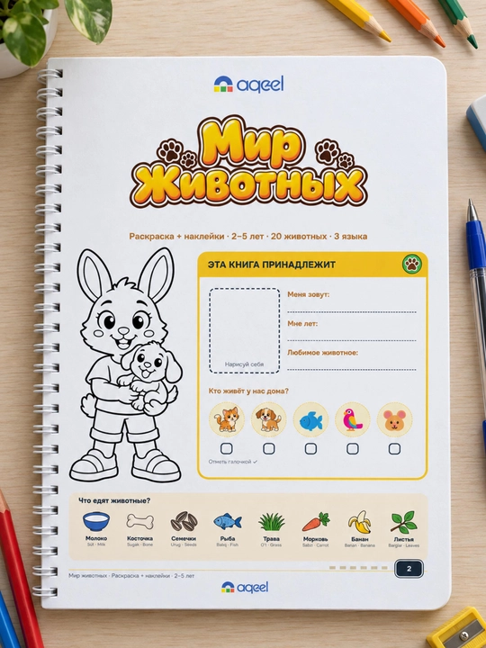 Раскраска с наклейками AQEEL «Мир животных», 2–5 лет, 20 животных, 3 языка
