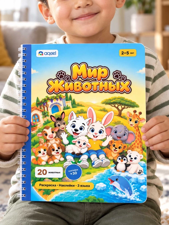 Раскраска с наклейками AQEEL «Мир животных», 2–5 лет, 20 животных, 3 языка - 