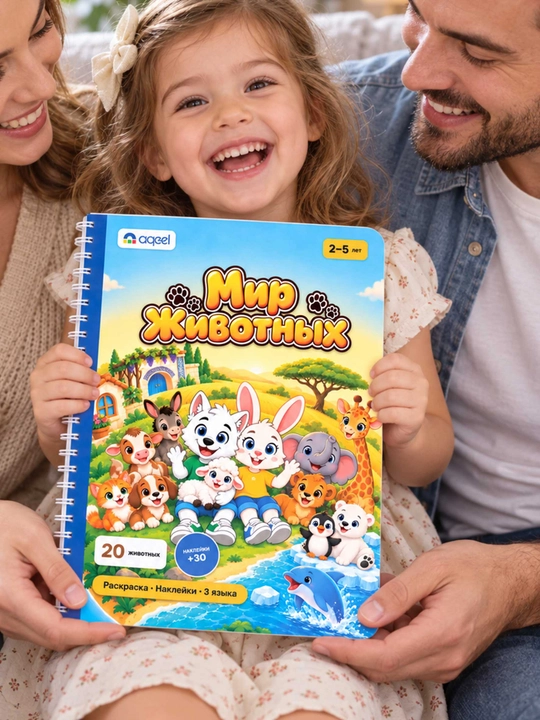 Раскраска с наклейками AQEEL «Мир животных», 2–5 лет, 20 животных, 3 языка