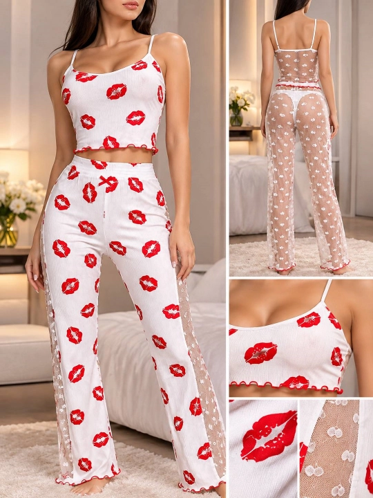 Ayollar uchun zamonaviy pijama to‘plami – mayka va shim, lab naqshli - 