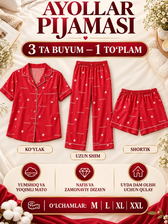 Женская пижама 3 в 1 из мягкой и приятной к телу полиэстеровой ткани + пеньюар в подарок - 