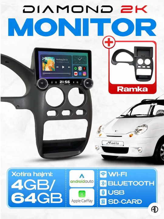 Android avtomonitor 2K (10.1 dyuym, 4/64 GB), CarPlay va Android Auto - 