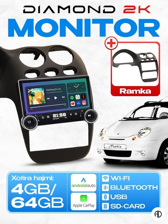 Android avtomonitor 2K (10.1 dyuym, 4/64 GB), CarPlay va Android Auto - 