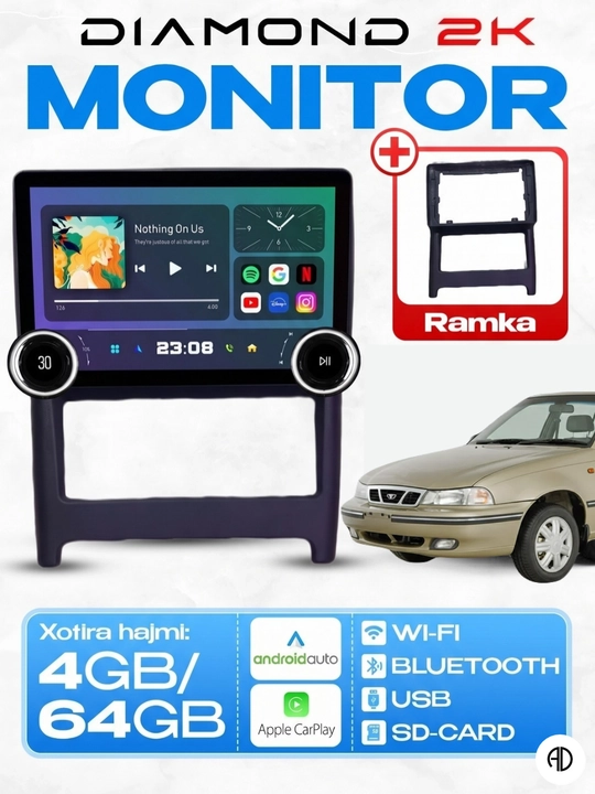 Android avtomonitor 2K (10.1 dyuym, 4/64 GB), CarPlay va Android Auto - 