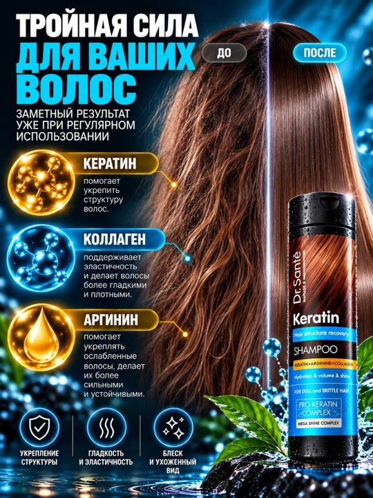 Шампуни Dr.Sante Keratin, Anti Hair Loss, Aloe для восстановления и увлажнения волос, 250