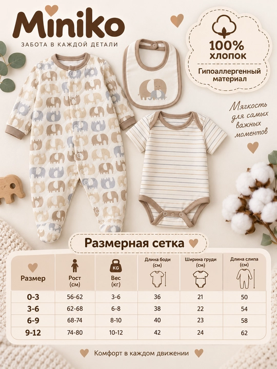 Комплект одежды для новорожденных, 3 предмета, 0–12 месяцев, боди, комбинезон и слюнявчик