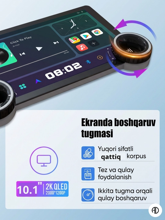 Android avtomonitor 2K (10.1 dyuym, 4/64 GB), CarPlay va Android Auto