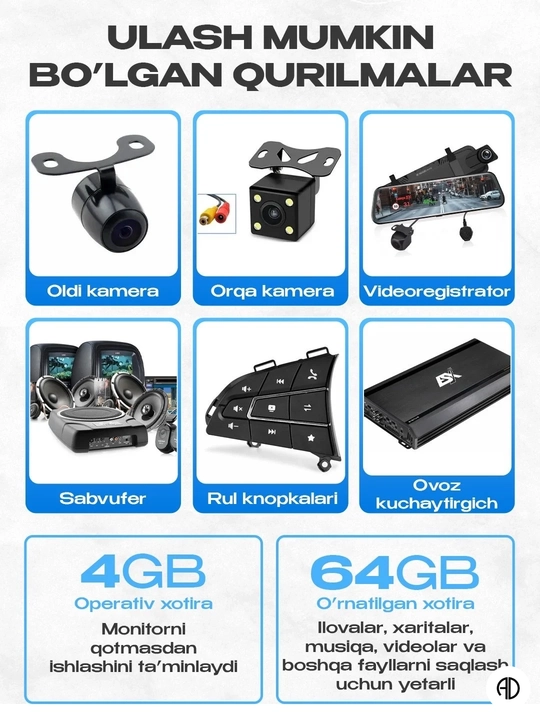 Android avtomonitor 2K (10.1 dyuym, 4/64 GB), CarPlay va Android Auto