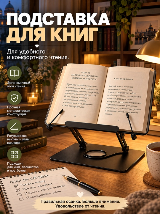 Подставка для книг и планшетов из металла и дерева, с регулировкой высоты и угла наклона