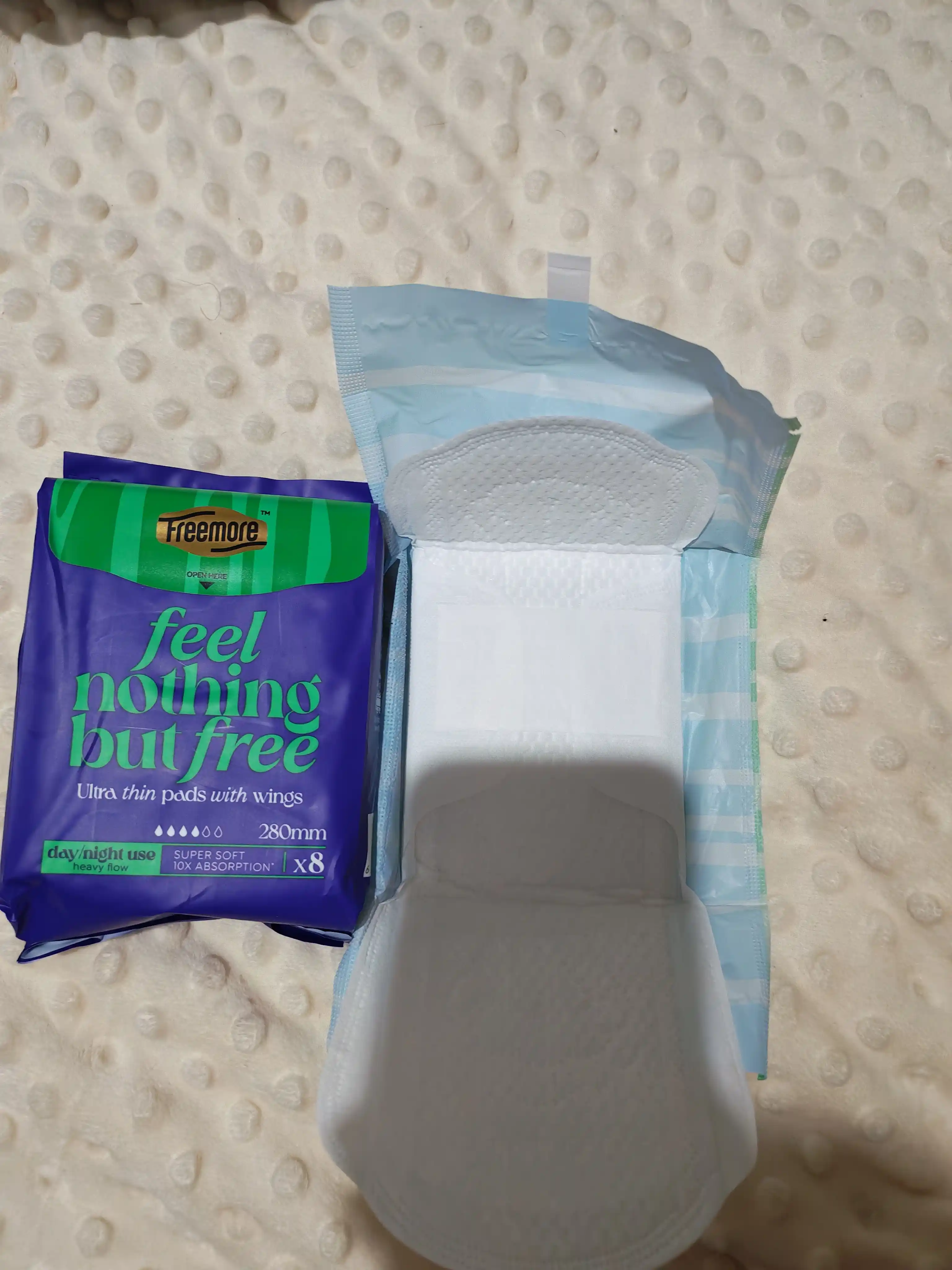 FREEMORE gigienik prokladkalar, ultra yupqa tungi, qanotli, 0,07 sm, 280 mm, 8 dona