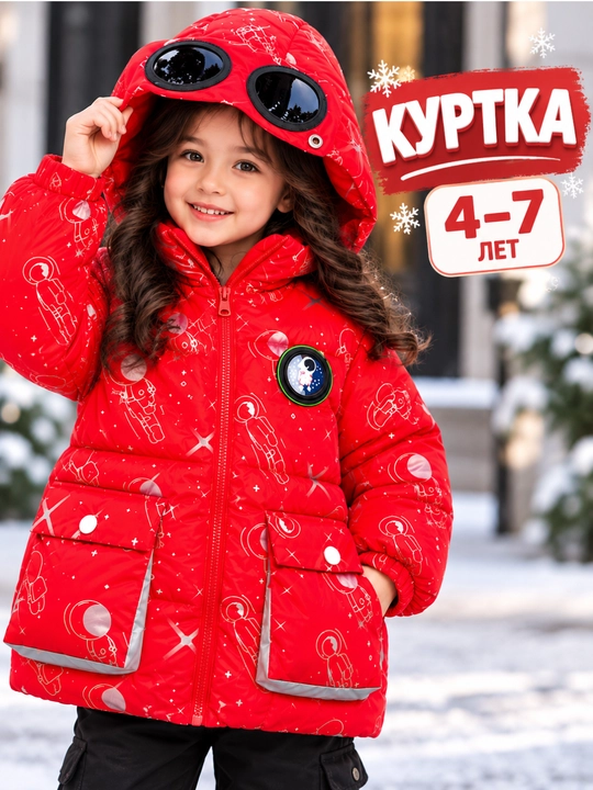 4-7 yoshli bolalar uchun qishki kurtka, kapyushonli va kosmonavtlar tasviri tushirilgan