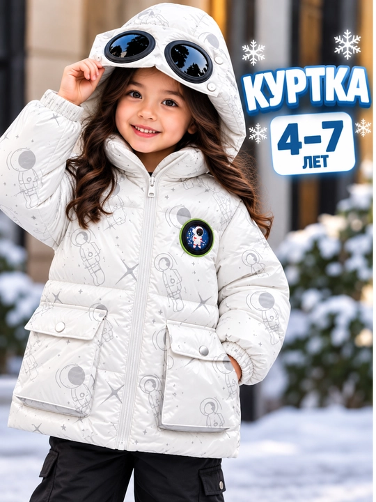 Детская зимняя куртка 4–7 лет, с капюшоном и принтом космонавтов - 