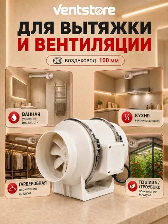 Канальный вентилятор HF для вытяжки и приточной вентиляции в воздуховод 75 мм - 100 мм