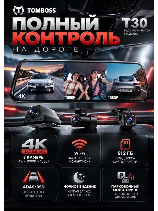 TOMBOSS T30 — avtomobil videoregistratori, 3 ta kamera, Wi-Fi, 9,35″ ekran - 