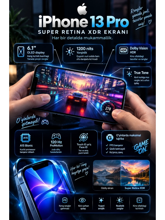 Смартфон Apple iPhone 13 Pro, экран 6,1 дюйма, 120 Гц, камера 12 Мп, 128/256/512 ГБ