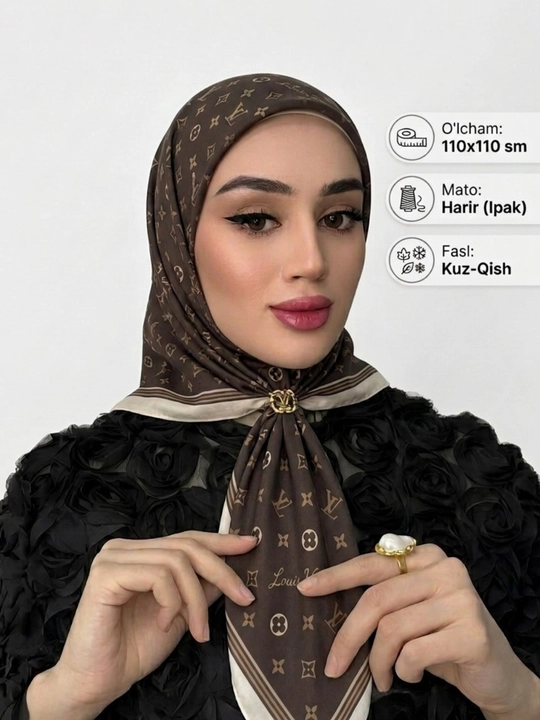 Ayollar ro'moli harir ipak, 110x110 sm, hijob va ro'mol kuz-qish uchun yumshoq, mayin