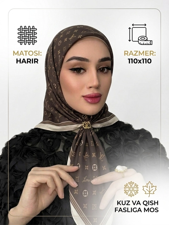 Ayollar ro'moli harir ipak, 110x110 sm, hijob va ro'mol kuz-qish uchun yumshoq, mayin