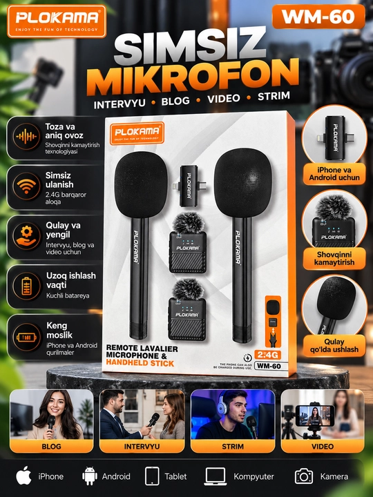 Беспроводной микрофон PLOKAMA WM-60, 2 микрофона 2.4G для iPhone и Android - 