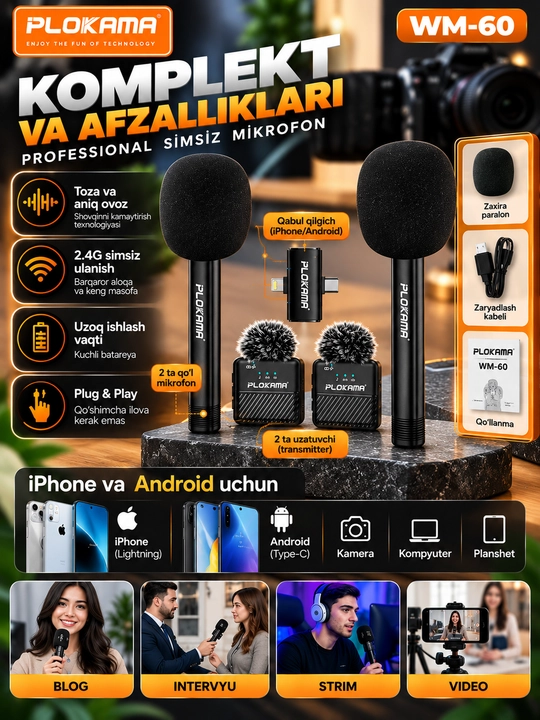 Беспроводной микрофон PLOKAMA WM-60, 2 микрофона 2.4G для iPhone и Android