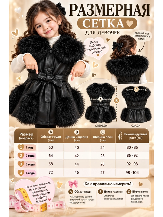 Жилетка для девочек из экокожи с меховой отделкой и поясом 1-4 лет