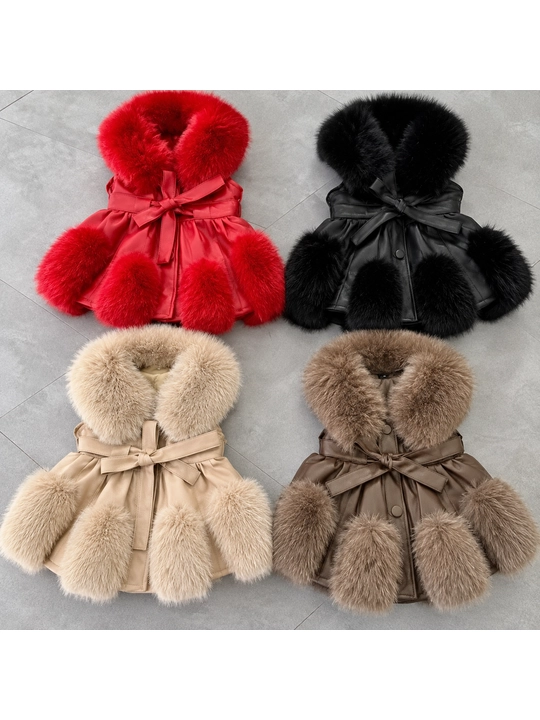 Жилетка для девочек из экокожи с меховой отделкой и поясом 1-4 лет
