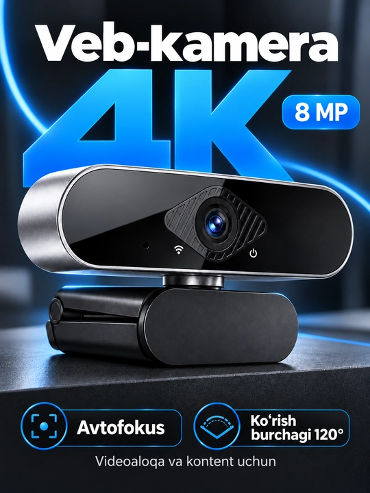 Mikrofonli 4K veb kamera, kompyuter va noutbuk uchun USB web camera, 8MP, striming uchun - 