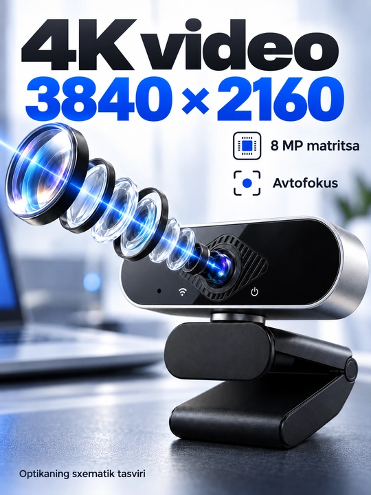 Kompyuter, kompyuter va noutbuk uchun mikrofonli 4K veb-kamera, striming uchun 8 megapikselli USB kamera