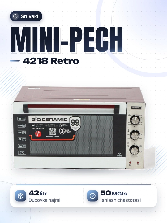 Mini pech Shivaki 4218, 42 litr, grill, konveksiya, avtomatik o'chirish funktsiyalar bilan - 
